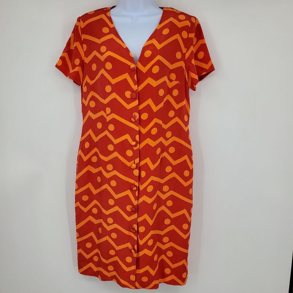 Vintage Spenser Jeremey 100% Silk Red Orange Button Front Short‎ Sleeve Dress 10